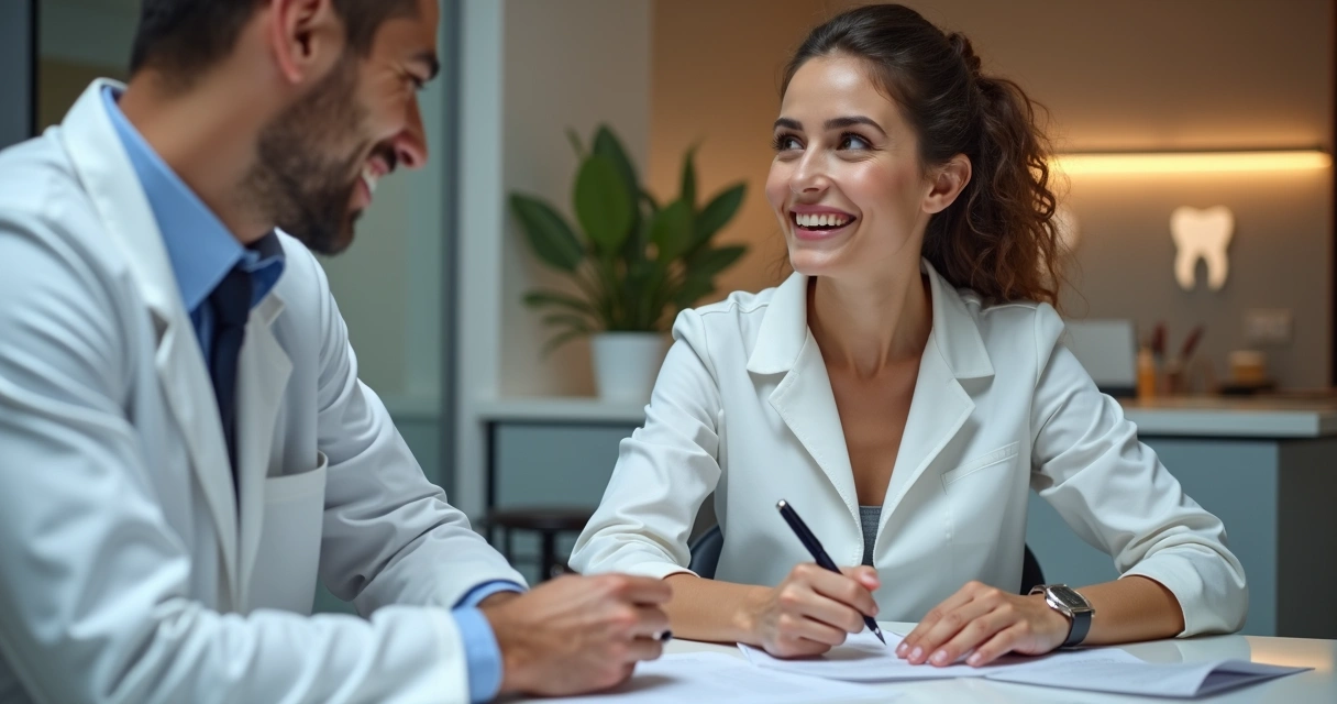 Paciente assinando financiamento de tratamento odontológico, clínica moderna ao fundo 