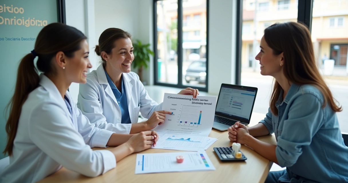 Dentista e paciente analisando opções de financiamento odontológico na clínica 