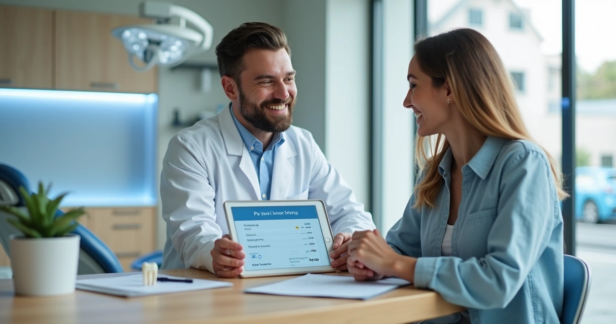Dentista mostrando plano de pagamento para paciente em clínica moderna 