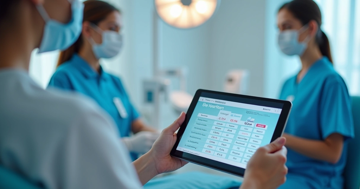 Paciente analisando opções de financiamento em tablet na clínica 