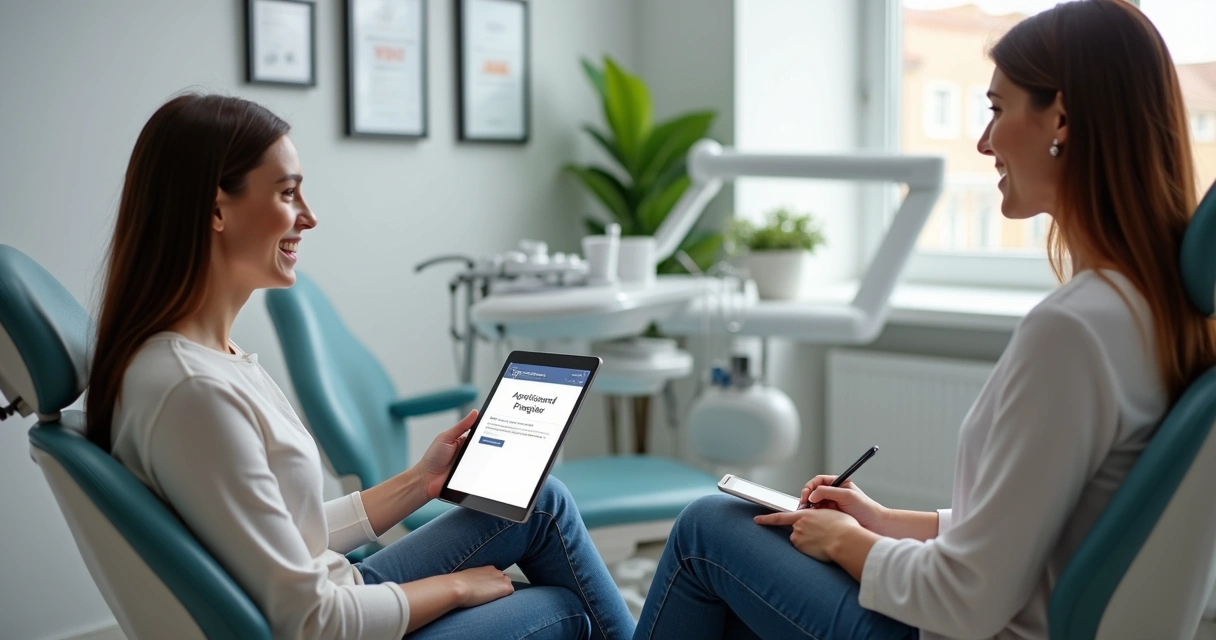 Paciente recebendo aprovação de financiamento para tratamento odontológico em clínica 