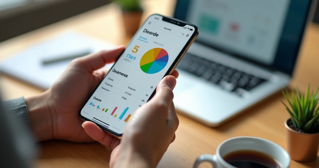 Persona usando aplicación móvil de finanzas frente a una taza de café 