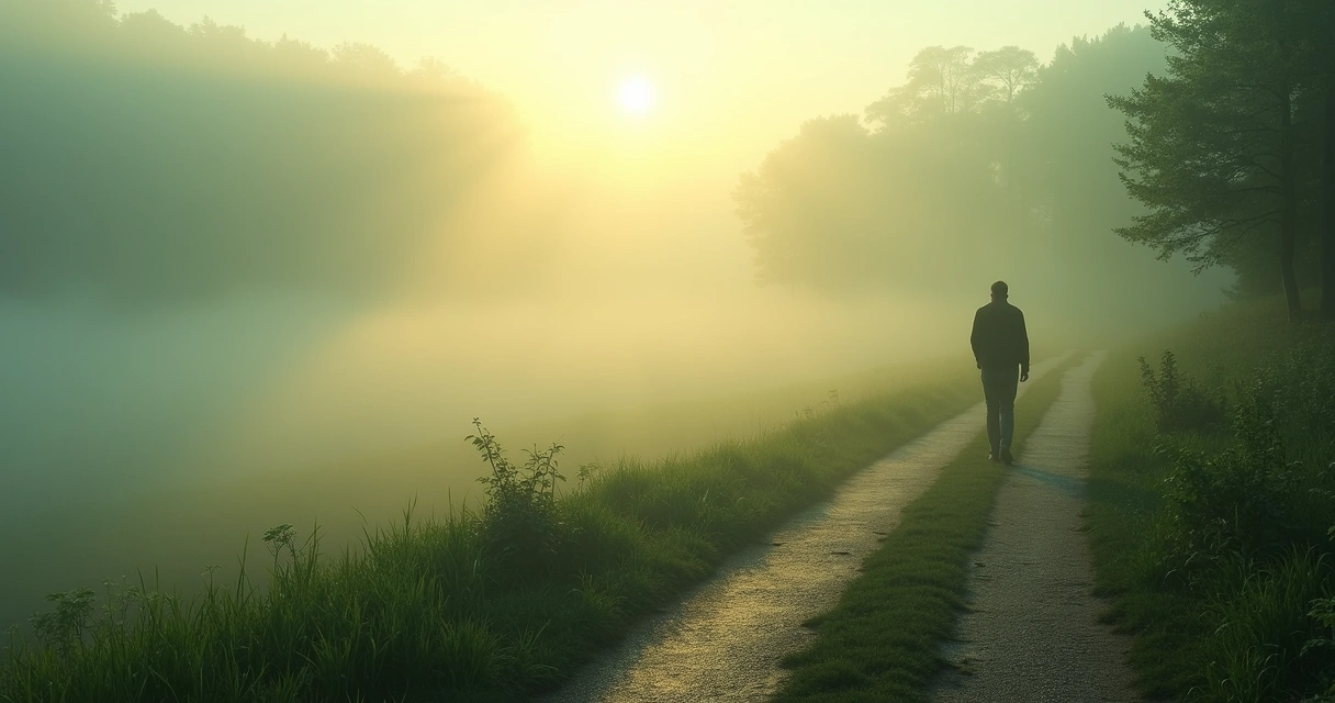 Person walking on a path surrounded by fog with light shining ahead. 