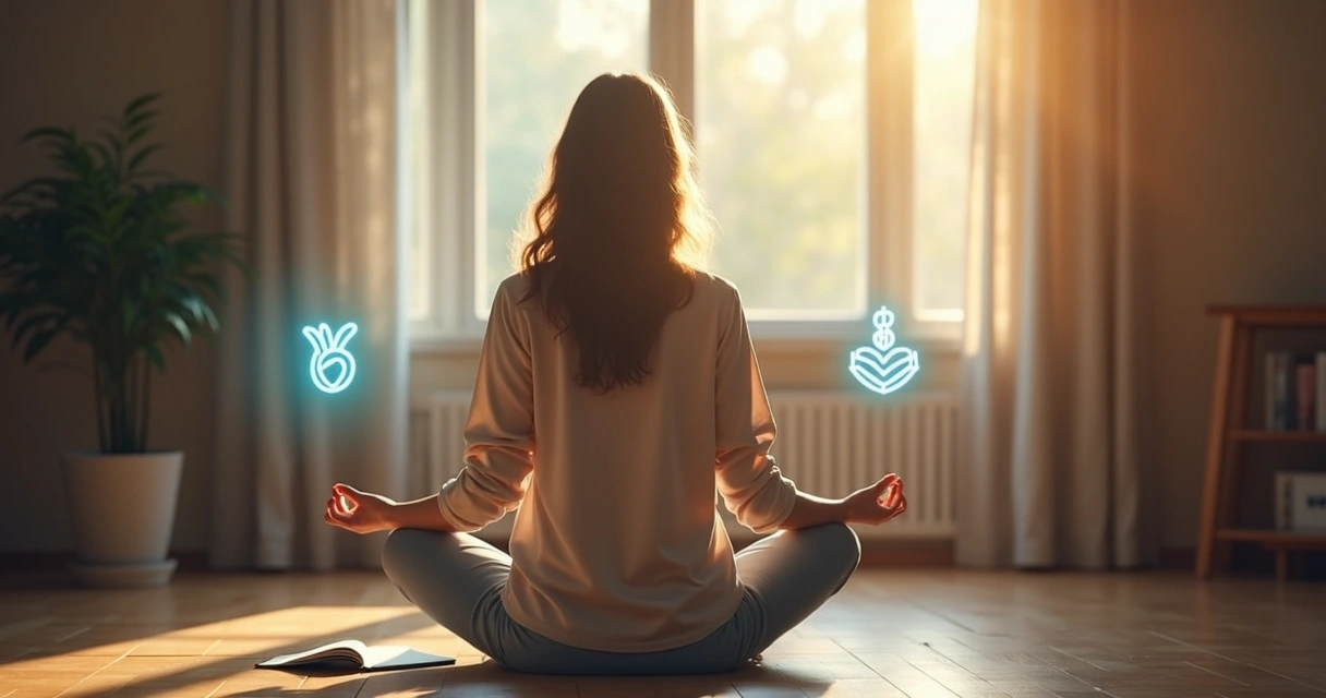 Woman sitting in meditation with symbols of values and purpose 
