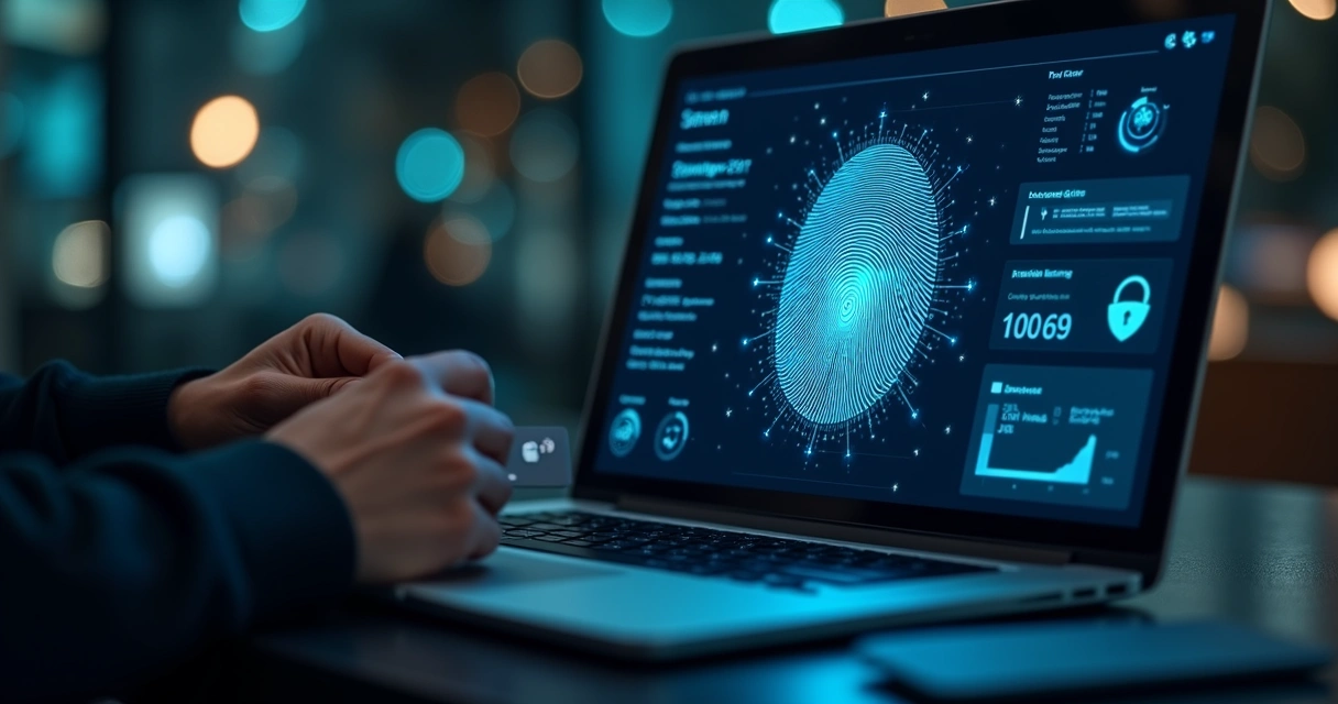Fingerprint digital protegendo pagamento online em tela de notebook 