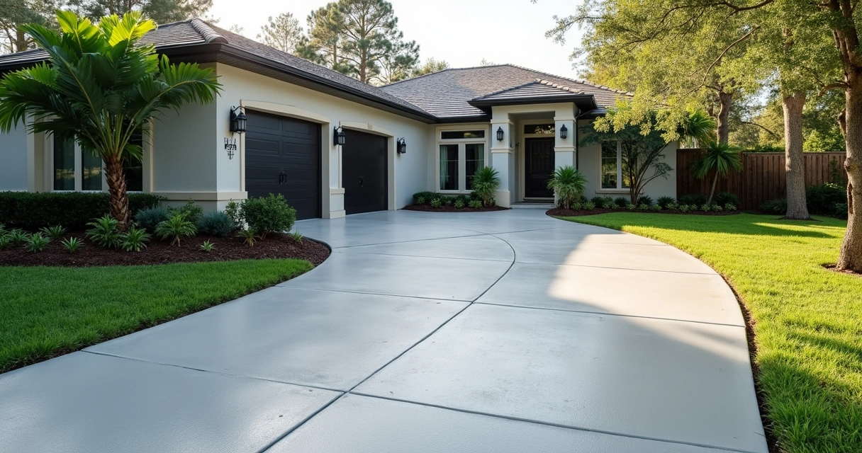 Freshly finished concrete driveway in Central Florida