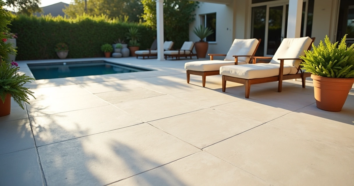 Sunny patio with fresh weatherproofed concrete, furniture, and lush landscaping 