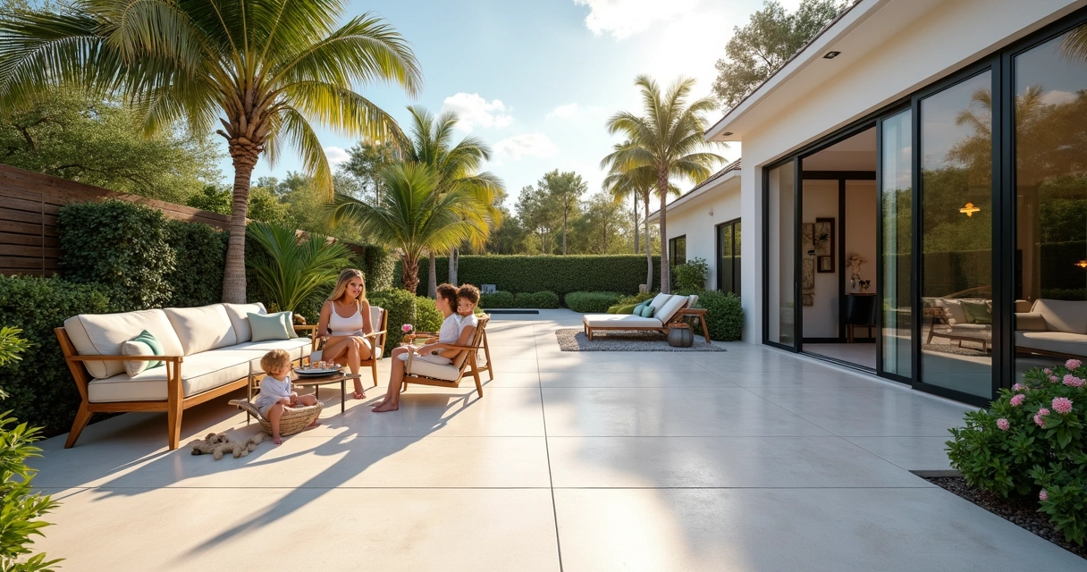Shaded modern patio with cool-coated floor and family enjoying summer in Orlando 