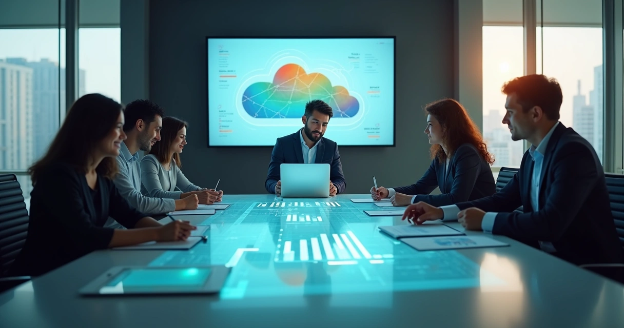 Gestores de empresa analisando grandes painéis de custos em nuvem em sala de reunião moderna 