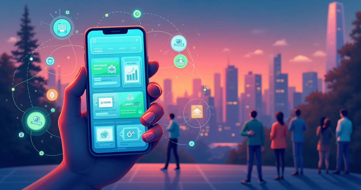 Ilustración que muestra aplicaciones fintech en un smartphone frente a una ciudad moderna al anochecer.