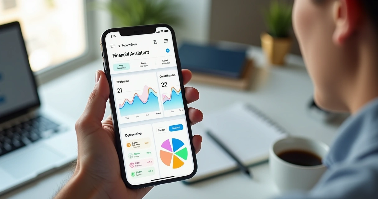 Pessoa usando smartphone com interface de assistente financeiro digital mostrando gráficos e alertas financeiros no ambiente claro e moderno 