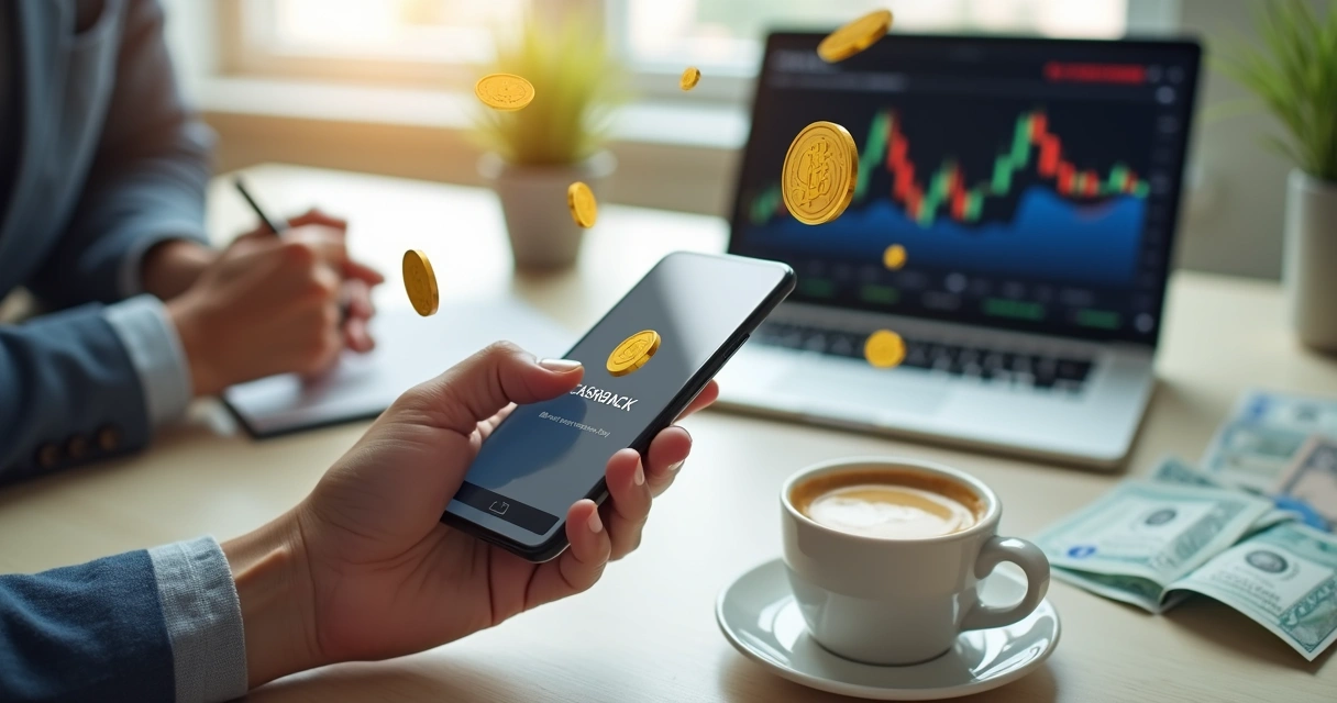 Smartphone exibindo aplicativo de fintech com notificação de cashback e moedas douradas ao redor 