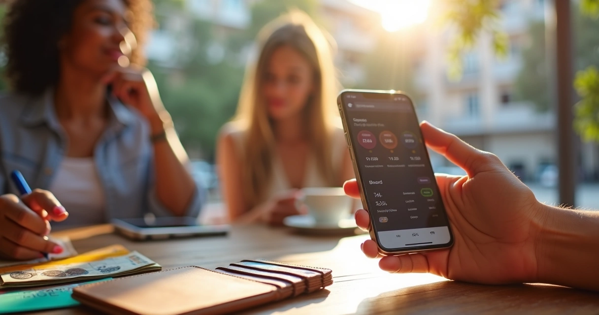 Mão segurando um celular com tela de aplicativo financeiro e carteira digital aberta ao lado em fundo vibrante