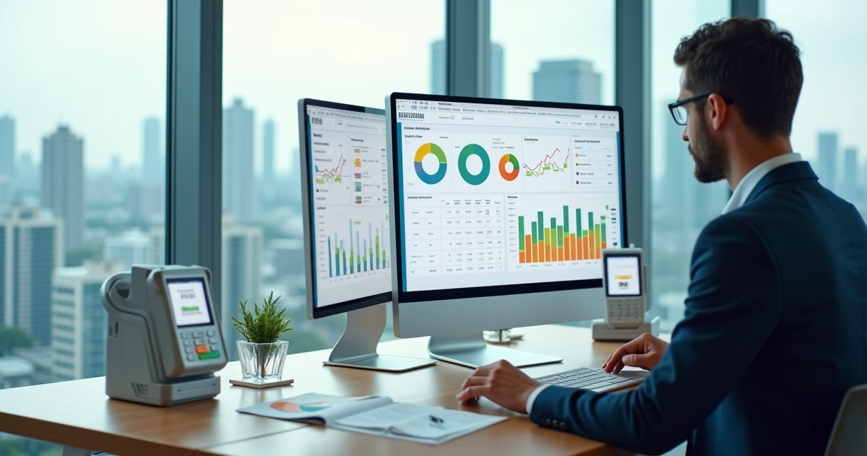 Contador analisando painel financeiro digital integrado a maquininhas e gráficos 