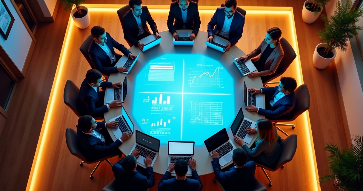 Equipe de fintech utilizando painel digital para gestão financeira 