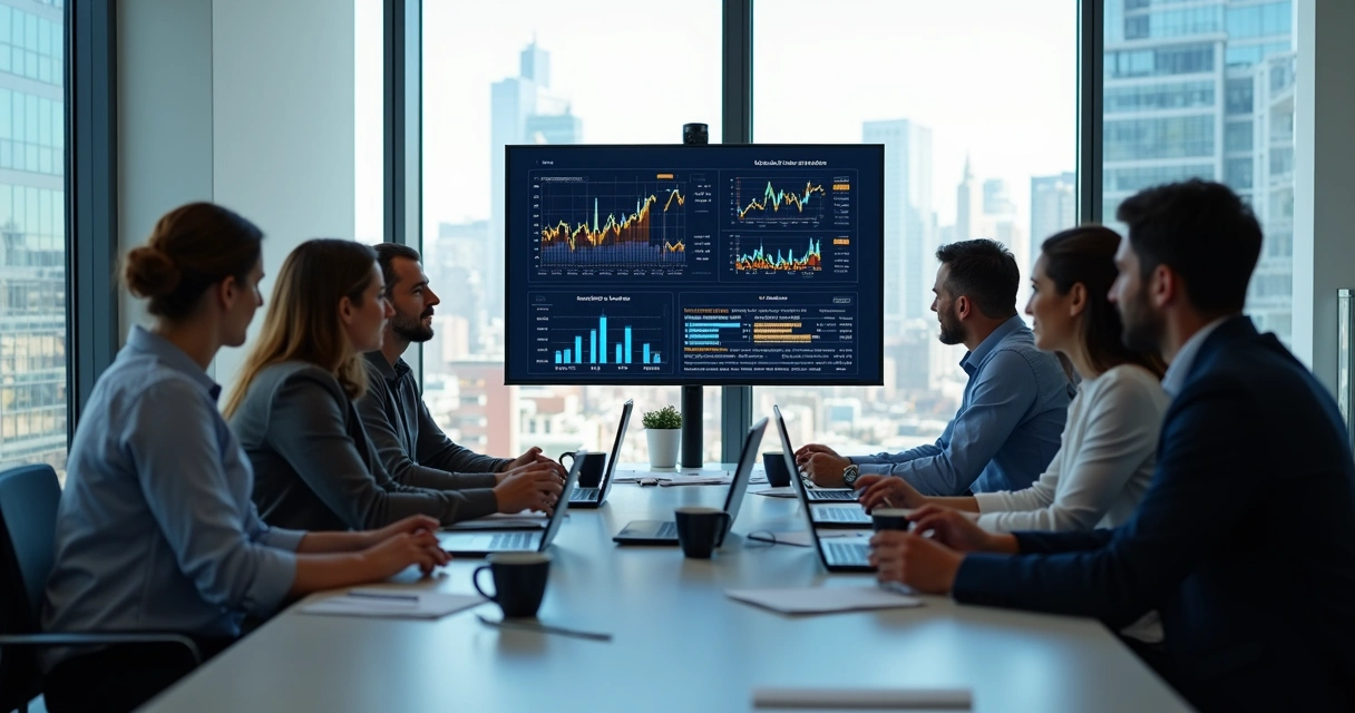 Equipe reunida em uma sala de escritório analisando gráficos de dados financeiros em uma apresentação digital 