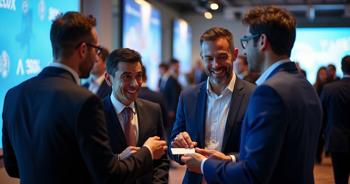 Profissionais de fintech em evento de networking corporativo 