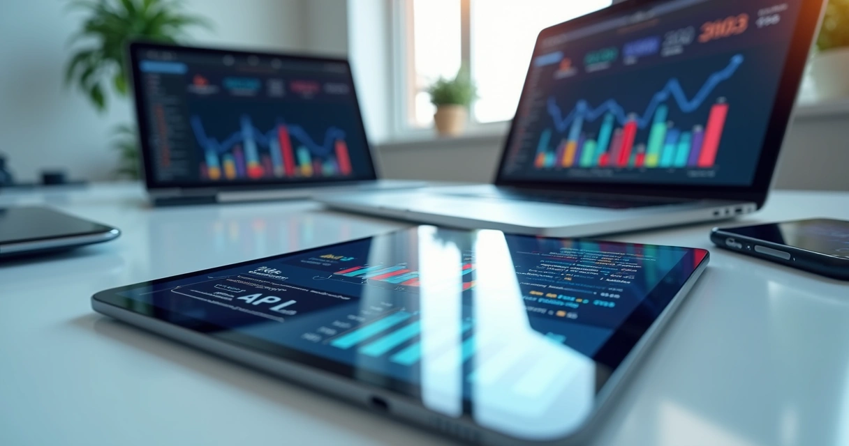 Mesa com computador, tablet e smartphone exibindo gráficos financeiros e integração de dados digitais em ambiente moderno e iluminado