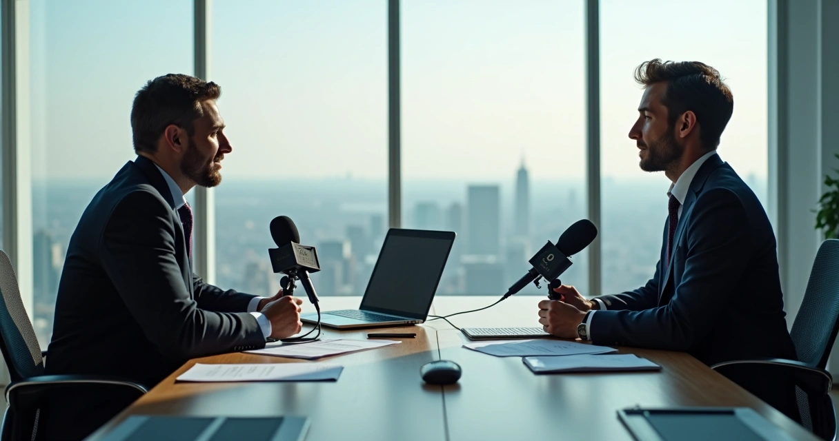 Executivo de fintech recebendo jornalista para entrevista, cenário de destaque midiático no setor financeiro 