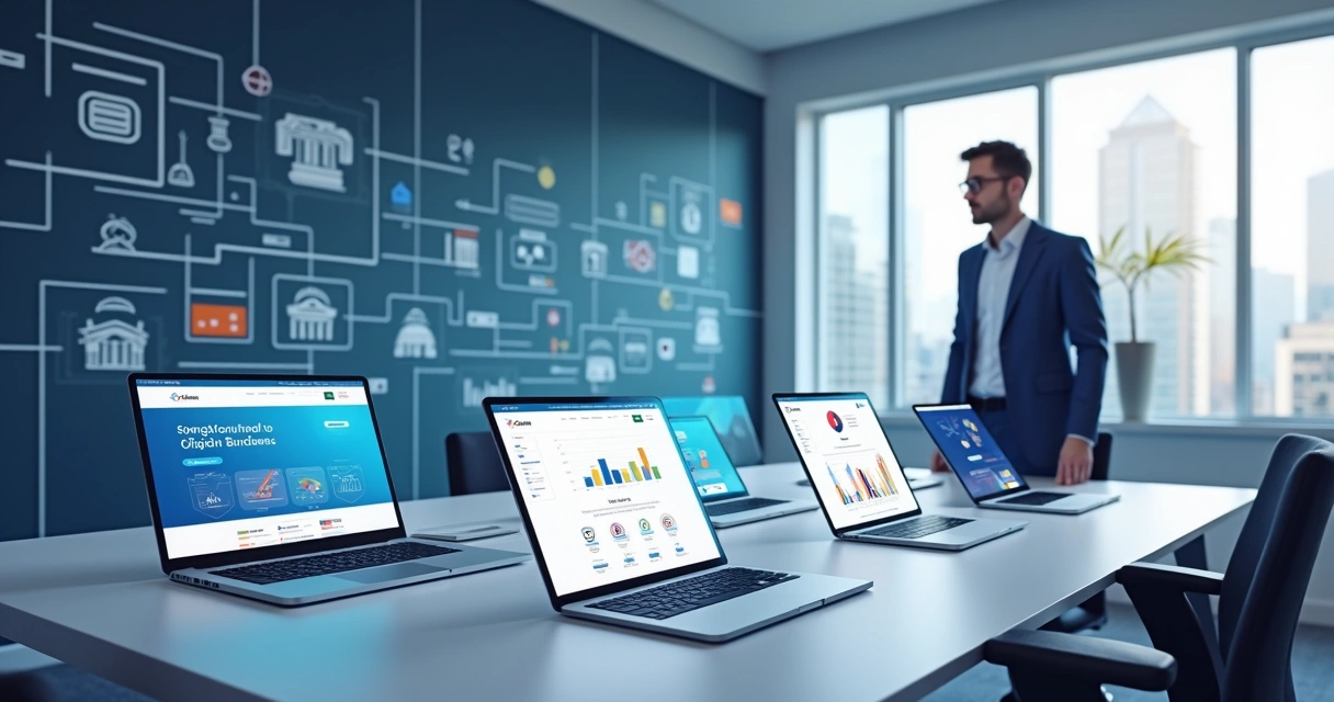 Ilustração de executivo analisando soluções white label em tablets e painéis com marca personalizada 