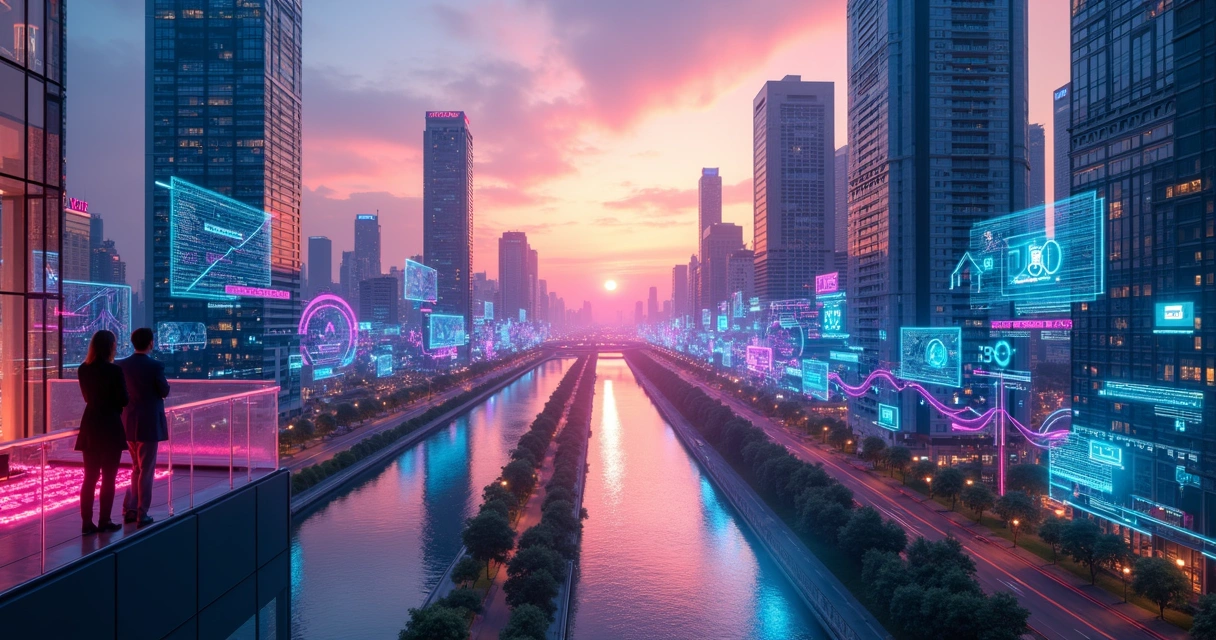 Cidade futurista com canal digital mostrando ícones de fintech e blocos no-code coloridos 