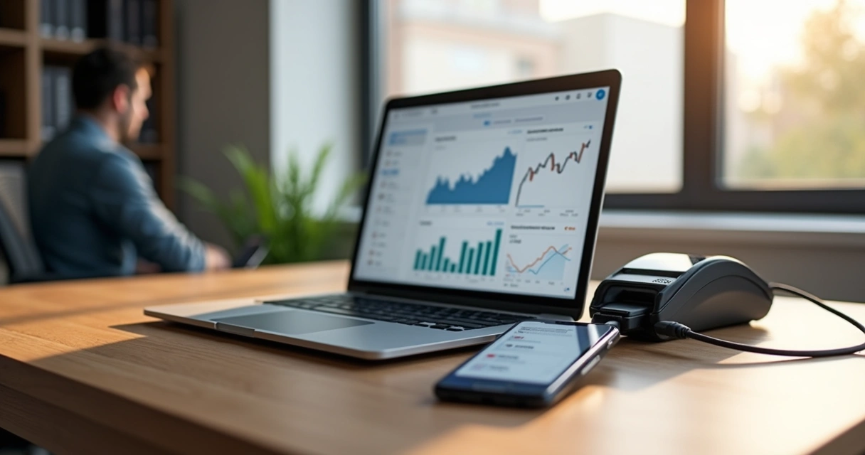 Mesa de trabalho com laptop exibindo gráficos financeiros, máquina de cartão e smartphone com app de pagamentos digitais e Pix aberto 