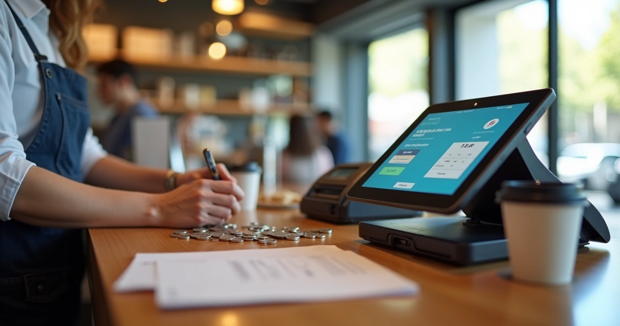 Pessoa usando aplicativo de pagamentos em tablet ao lado de caixa registradora em pequena empresa 