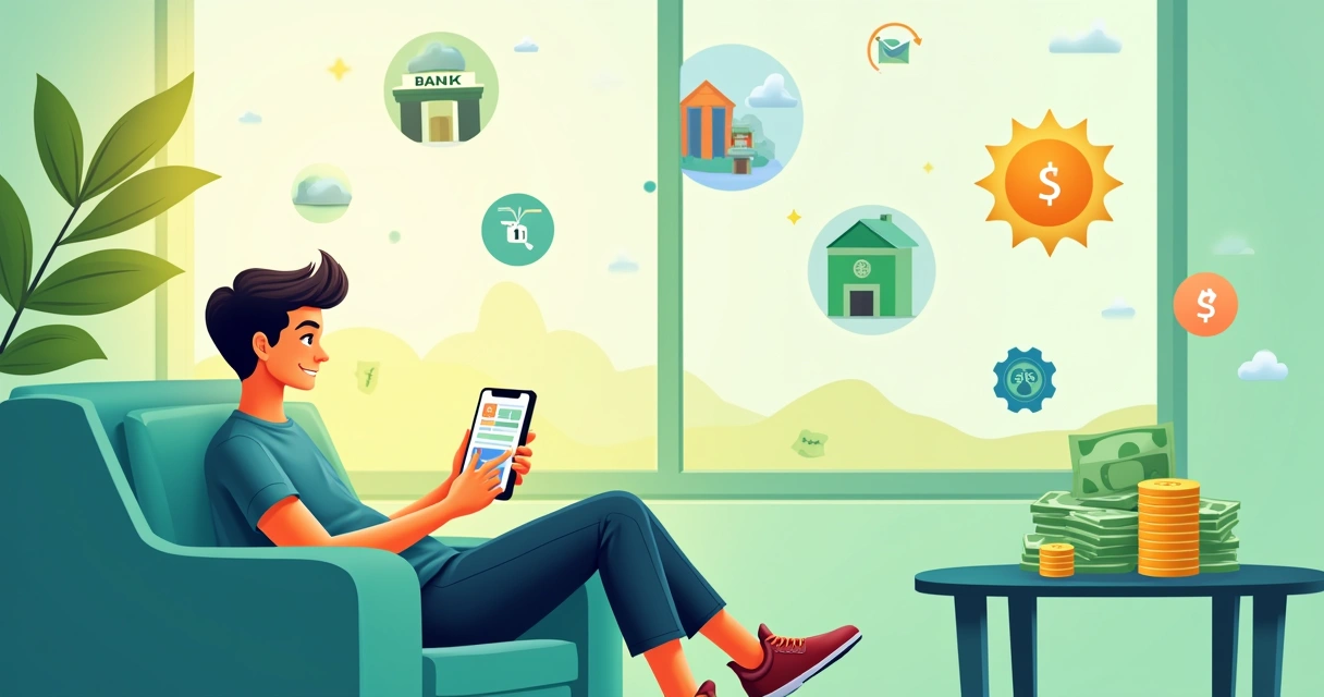Ilustración de un joven usando una app de fintech en un sofá, rodeado de iconos de servicios financieros y ahorros.