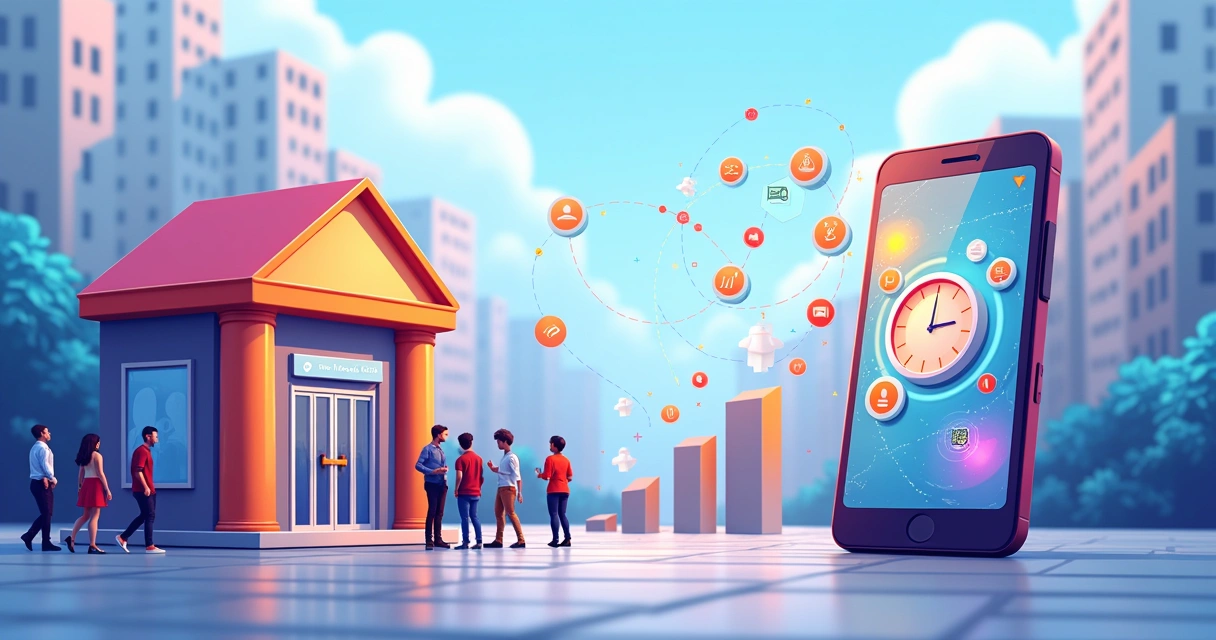 Ilustración de un smartphone con app de fintech mostrando funcionalidades financieras, contraste con un banco en el fondo.