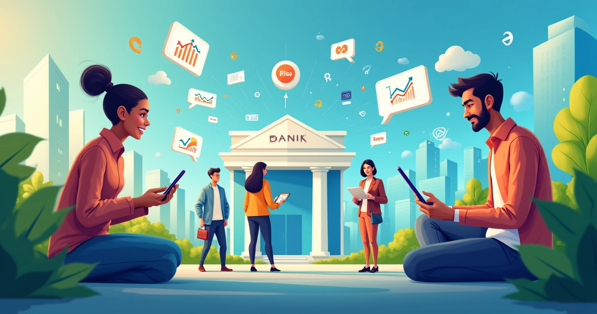 Grupo diverso de pessoas interagindo com dispositivos digitais, ilustrando fintechs emergentes com ícones de serviços financeiros.