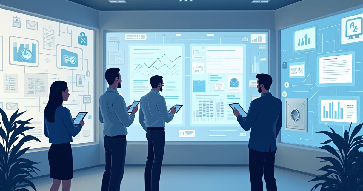 Ilustração de equipes de fintechs analisando regulamentações e dados financeiros em telas digitais 