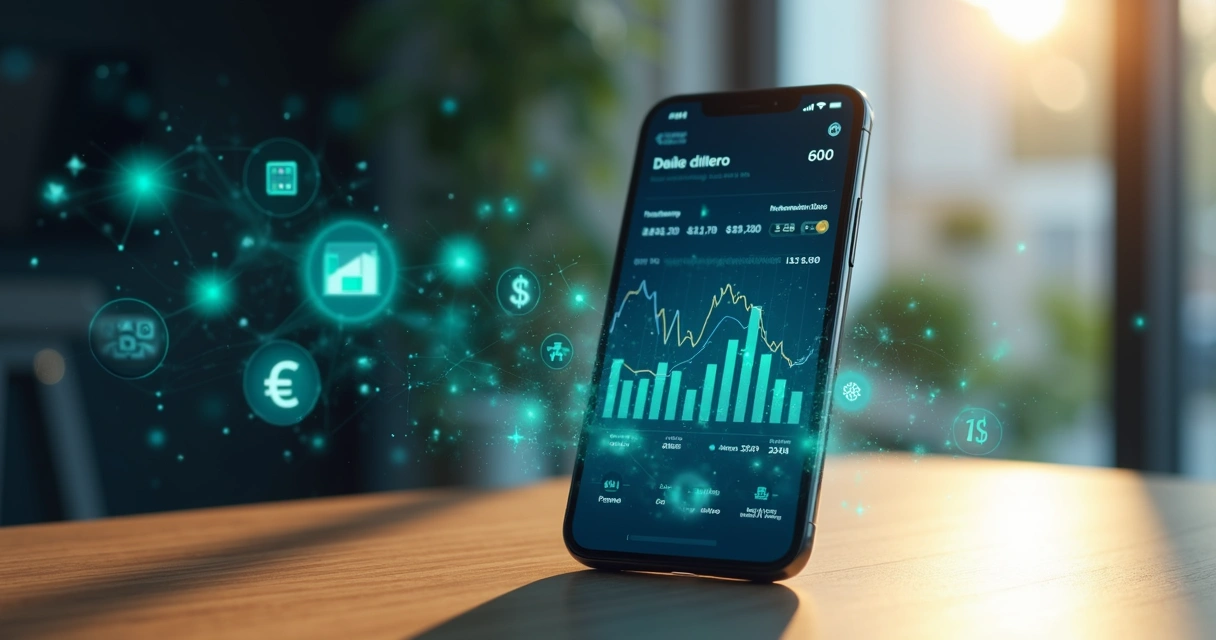 Tela de smartphone mostrando app de banco digital cercado por elementos tecnológicos e gráficos financeiros 