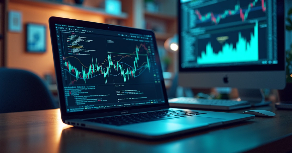 Mesa de trabalho moderna com laptop exibindo gráficos financeiros, tela com códigos e gráficos interativos, detalhes tecnológicos e elementos digitais ao redor representando fintechs no mercado de hedge 