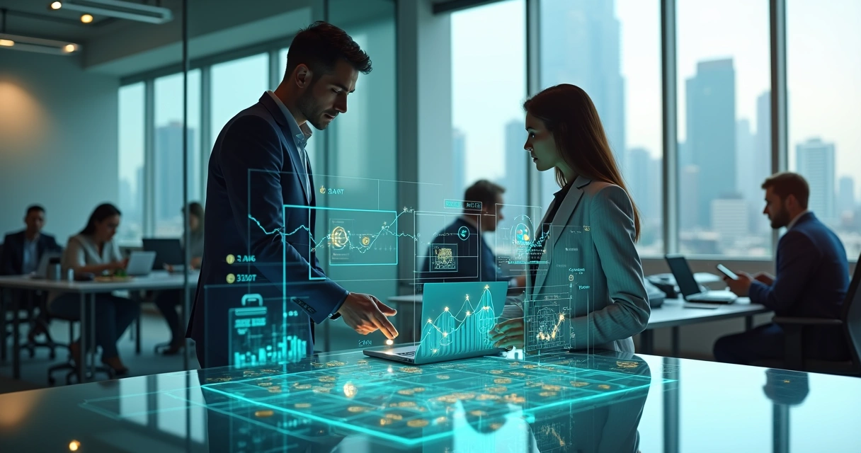 Empresários analisando painel digital com ícones de serviços financeiros integrados 