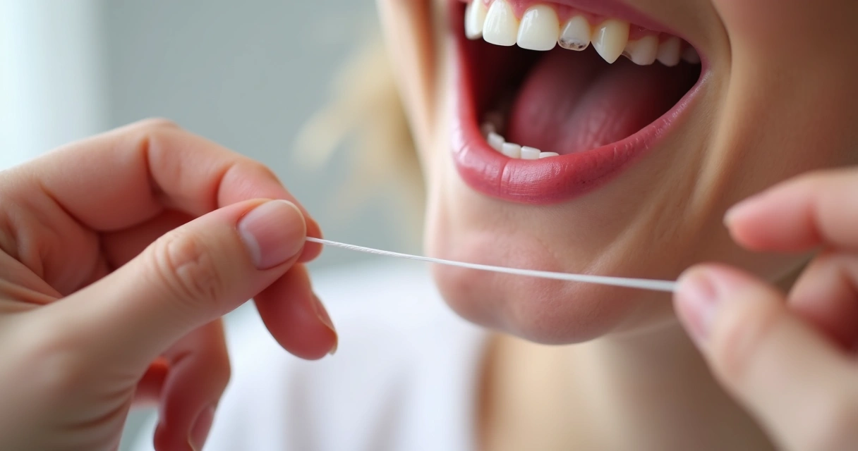 Pessoa passando fio dental entre dentes e gengiva, close nas mãos 