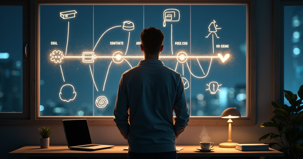 Pessoa diante de mural com linhas luminosas ligando desejos ocultos e metas futuras 