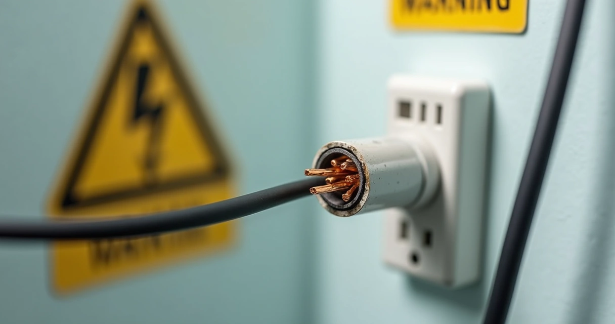 Cabo de energia com fios descascados próximos a uma tomada 