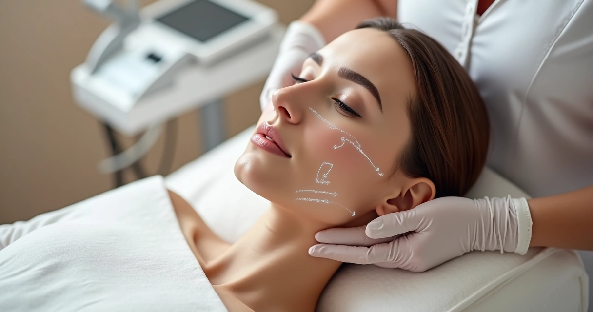 Rosto feminino em close-up com ilustração sutil de vetores dos fios de PDO na pele 