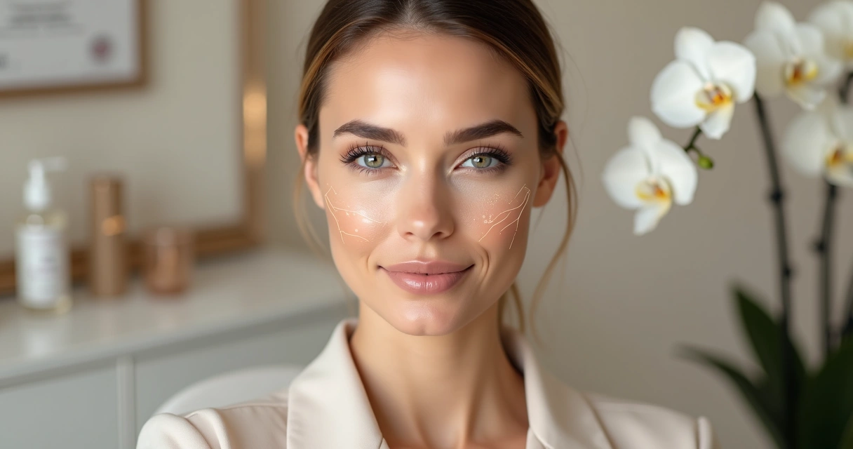 Metade do rosto com ilustrações de fios de PDO e preenchimento facial em contraste clean 