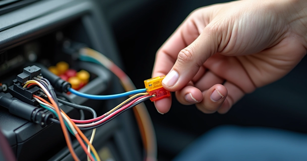 Mão segurando fios coloridos de instalação elétrica veicular