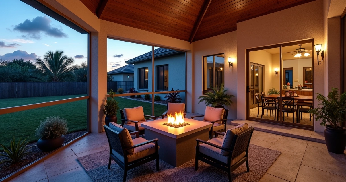 Screened patio with gas fire feature at dusk