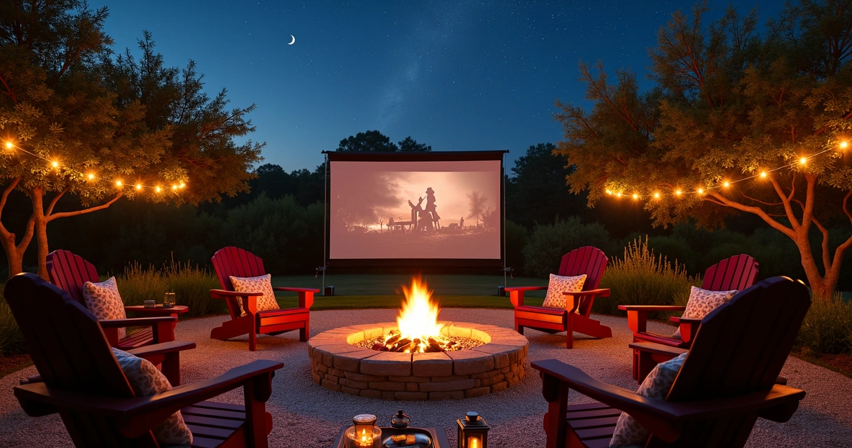 Fire pit area set up for backyard movie night