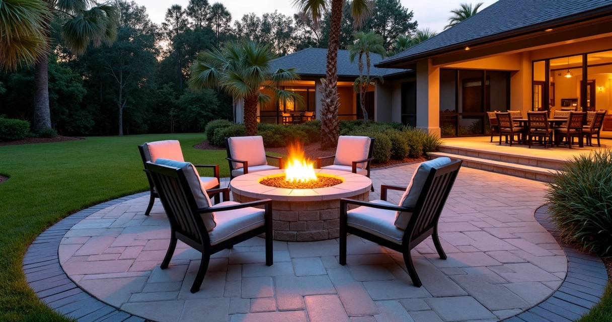 Gas fire pit safely integrated into a paver patio in a suburban backyard 