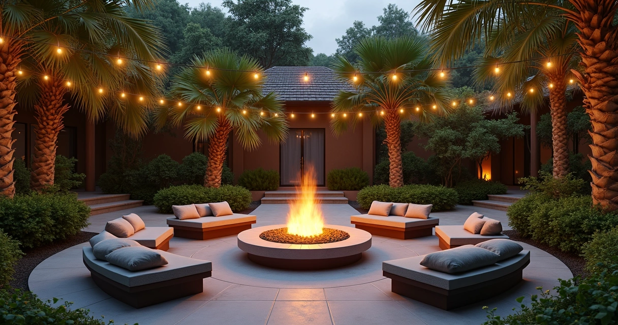 Fire pit with circular seating and tropical plants 