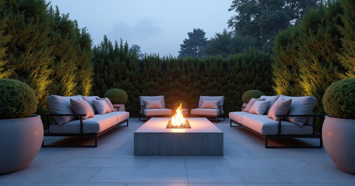 Rectangular fire table on modern patio with chairs and greenery 