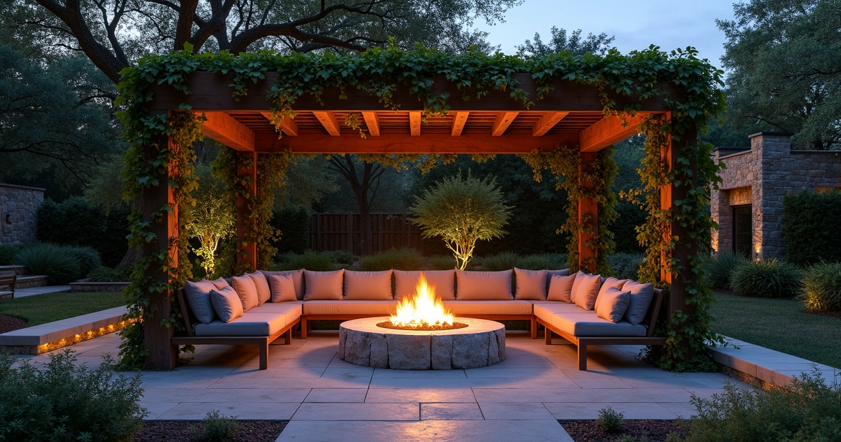 Outdoor fire pit and pergola in Austin backyard 