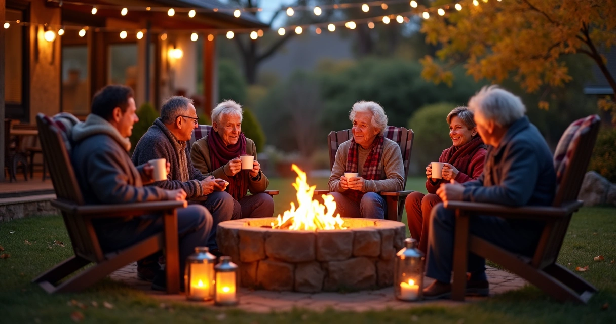 Family around fire pit on Thanksgiving night