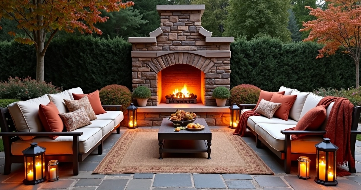 Outdoor fireplace with rug, throw blankets, and cozy seating 