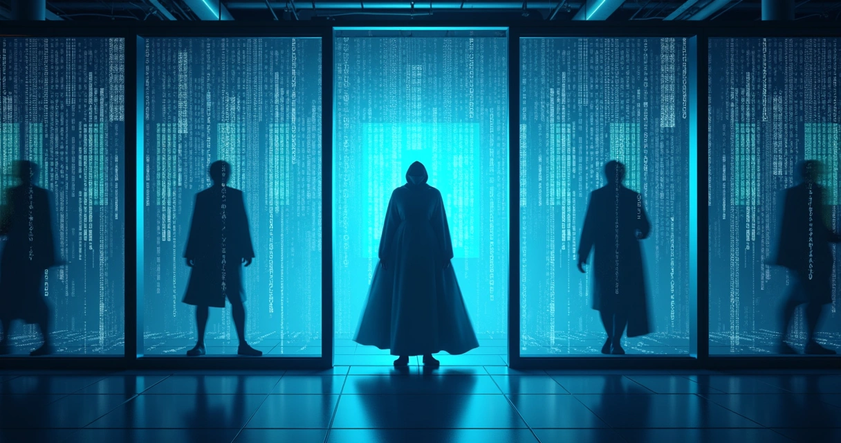 Ilustração de firewall digital transparente com ameaças subindo ocultas atrás de dados em movimento 