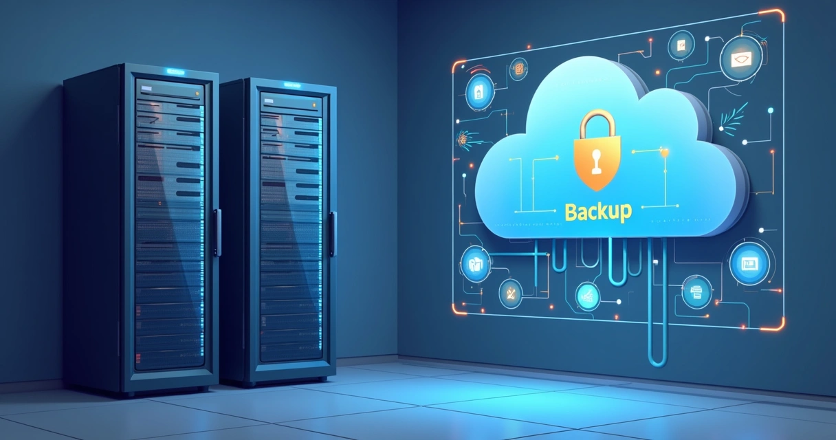 Servidor com firewall, tela de monitoramento e caixa de backup em nuvem 